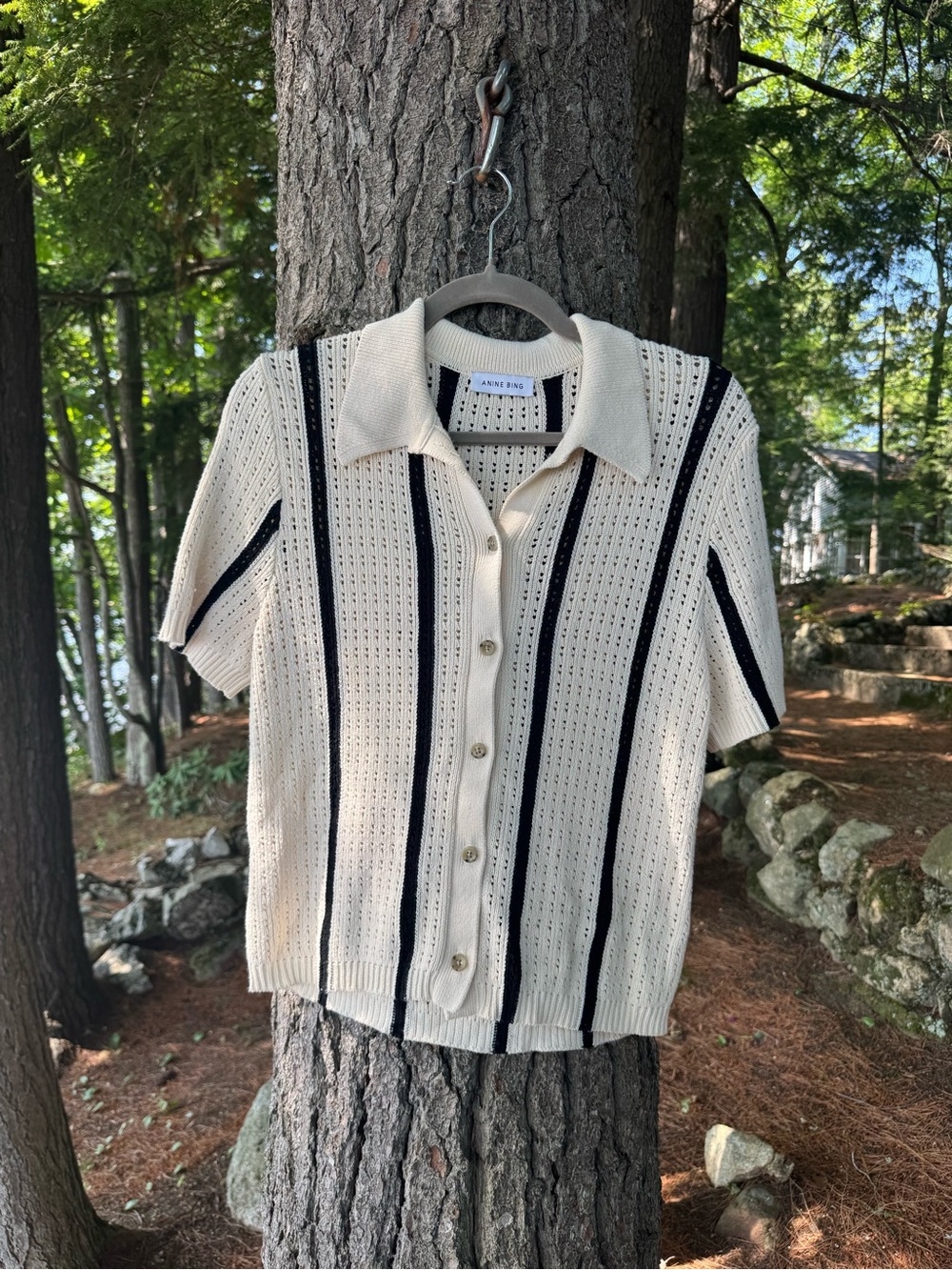 Anine Bing Alexis Sweater Top Ivory Black Stripe L